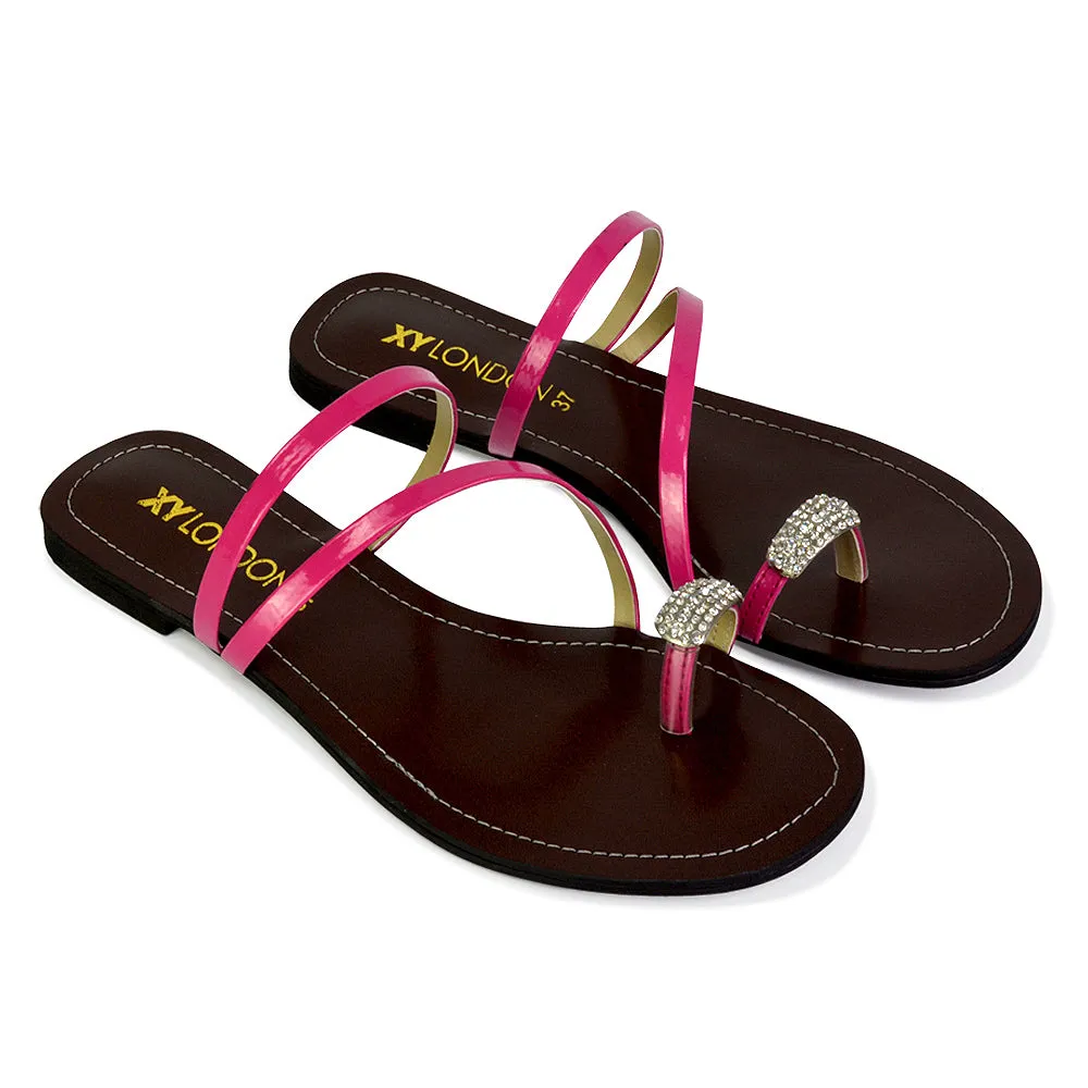 Bliss Embellished Toe Ring Strappy Slip On Flat Diamante Sandal Slides in Fuchsia