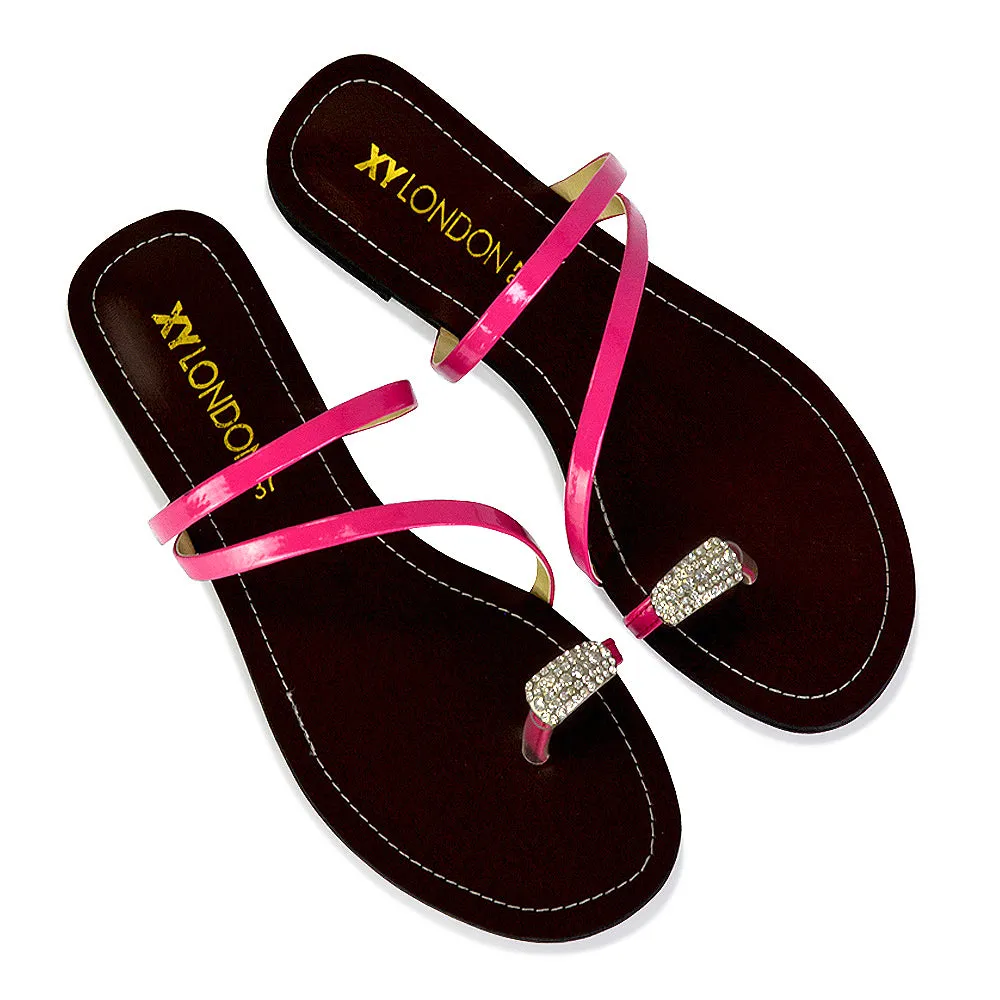 Bliss Embellished Toe Ring Strappy Slip On Flat Diamante Sandal Slides in Fuchsia