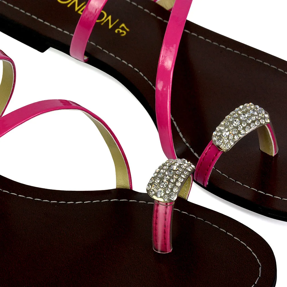 Bliss Embellished Toe Ring Strappy Slip On Flat Diamante Sandal Slides in Fuchsia