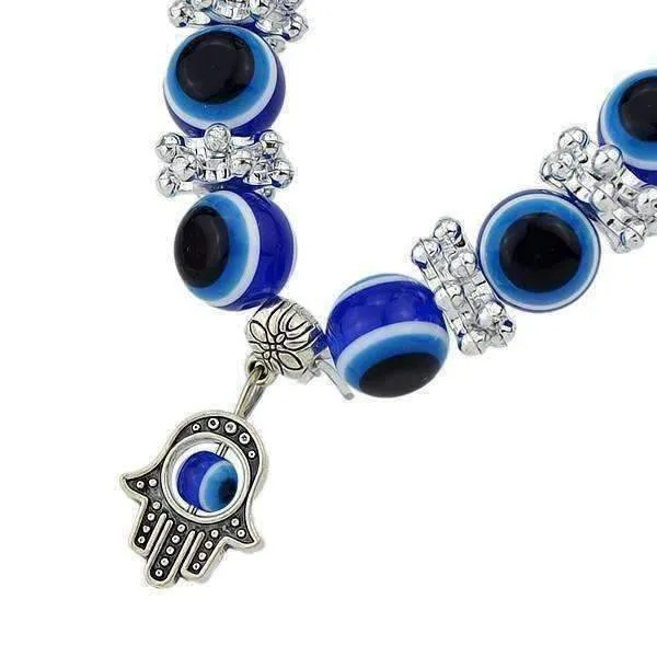 Blue Bead Evil Eye Hamsa Hand Charm Silver Tone Bracelet for Women