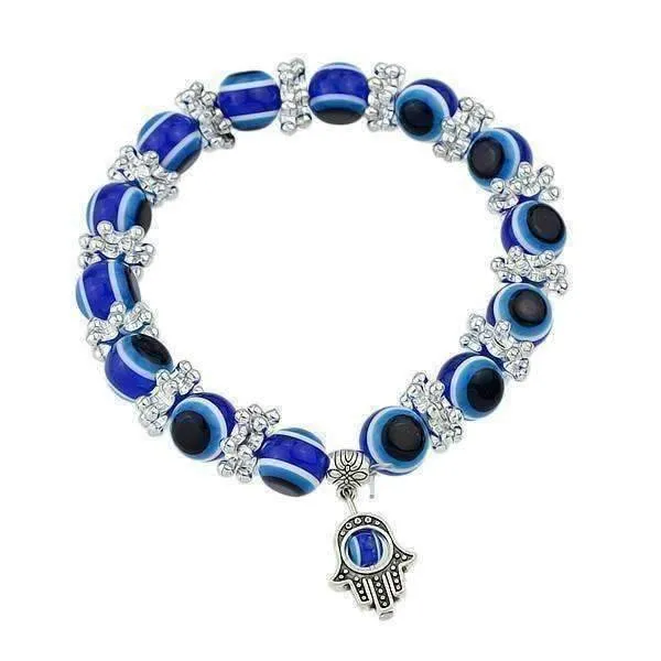 Blue Bead Evil Eye Hamsa Hand Charm Silver Tone Bracelet for Women