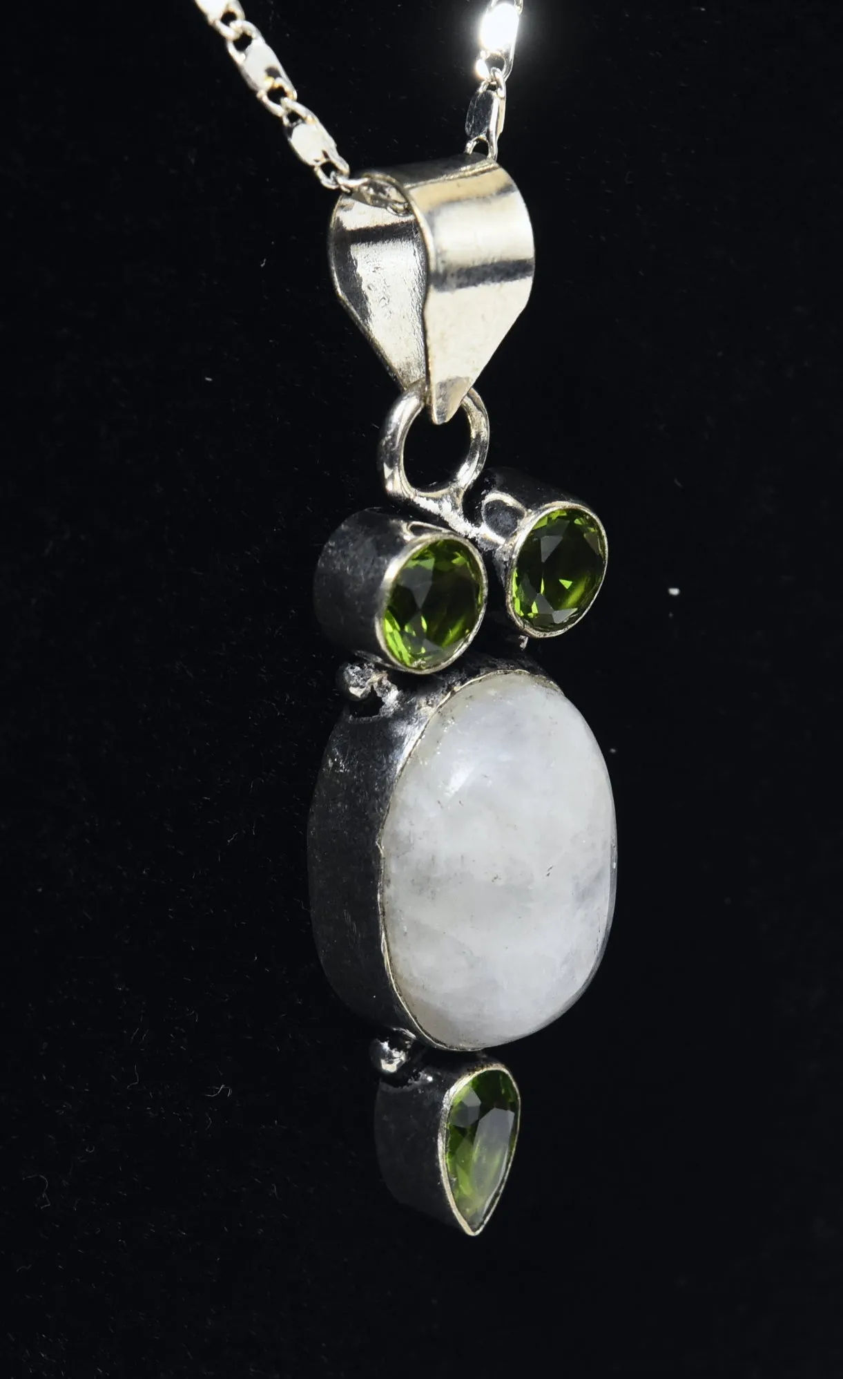 Blue Flash Moonstone and Peridot Sterling Silver Pendant on Sterling Silver Chain Necklace