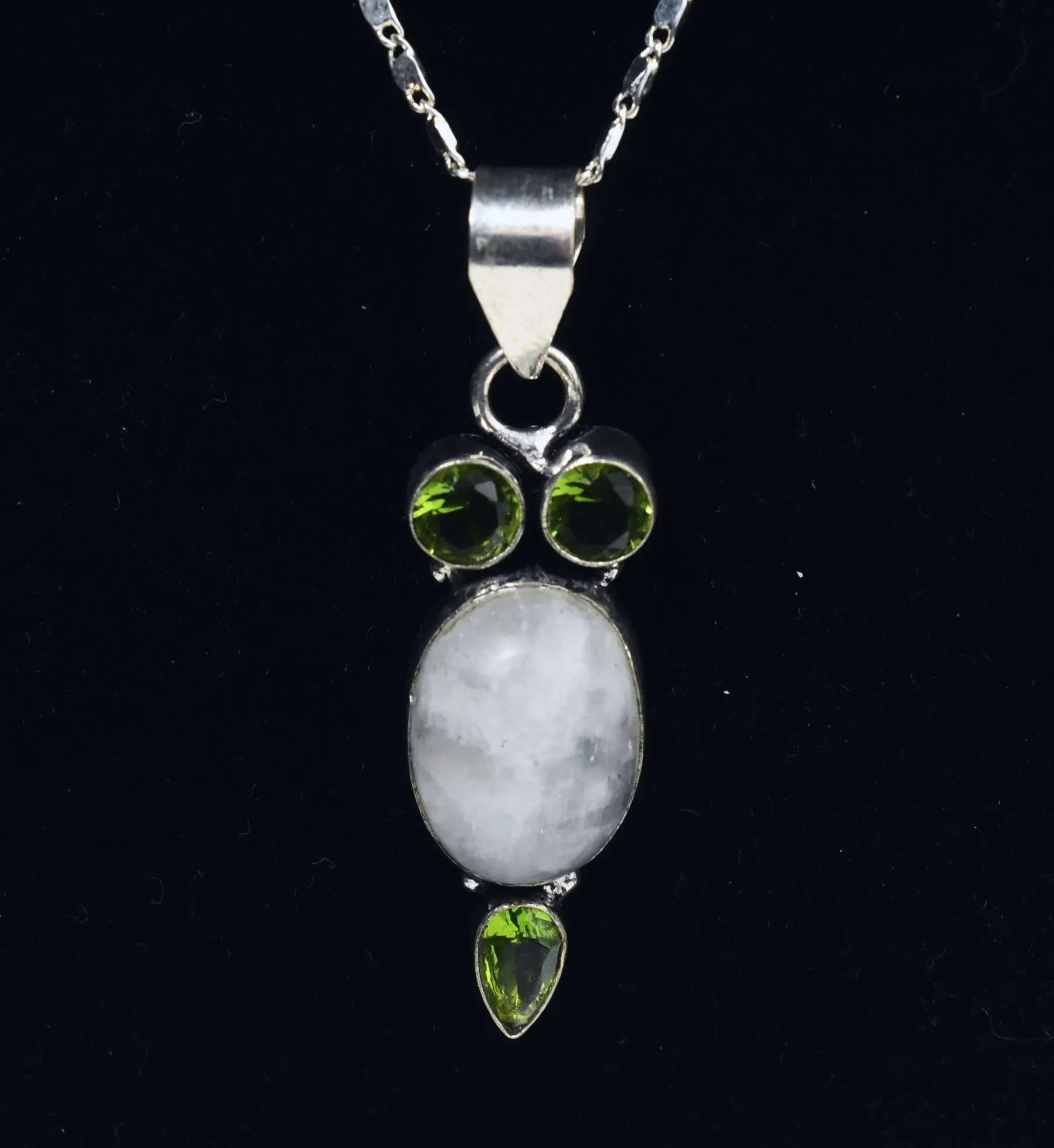 Blue Flash Moonstone and Peridot Sterling Silver Pendant on Sterling Silver Chain Necklace