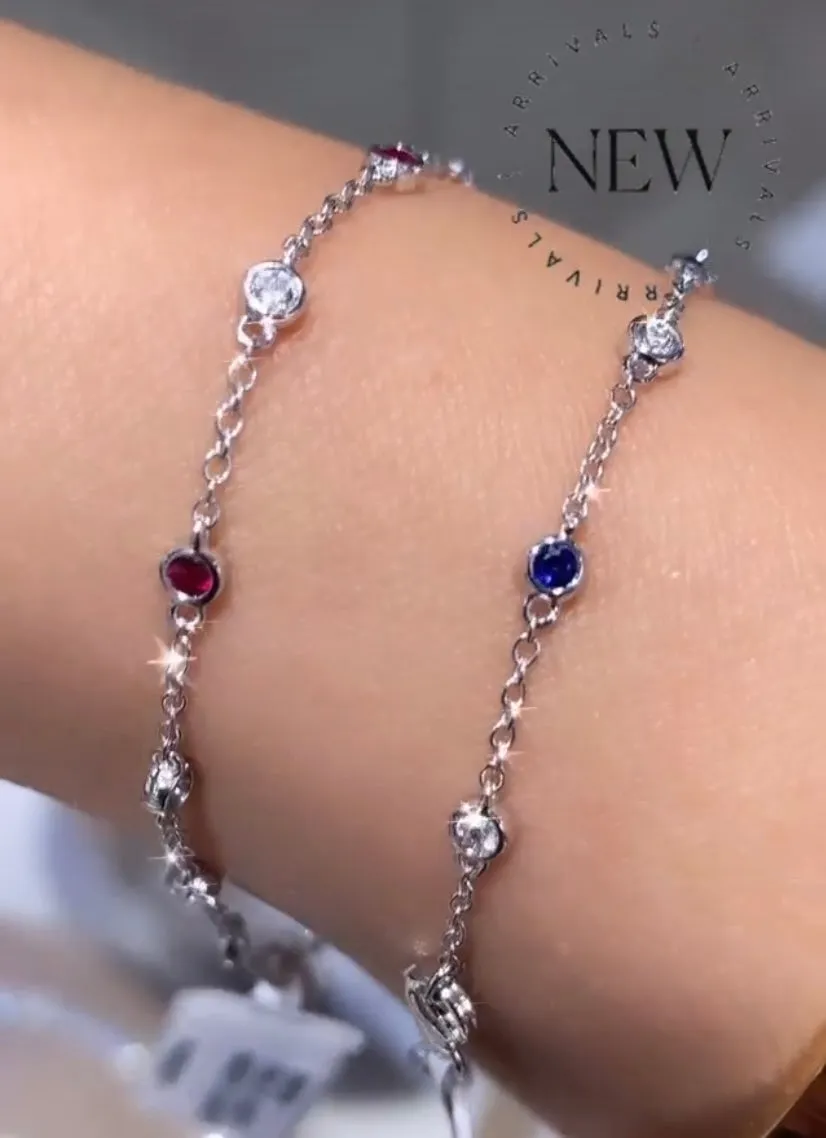 Blue Sapphire Gem Stone & Diamond Diamond By The Yard Style Bracelet