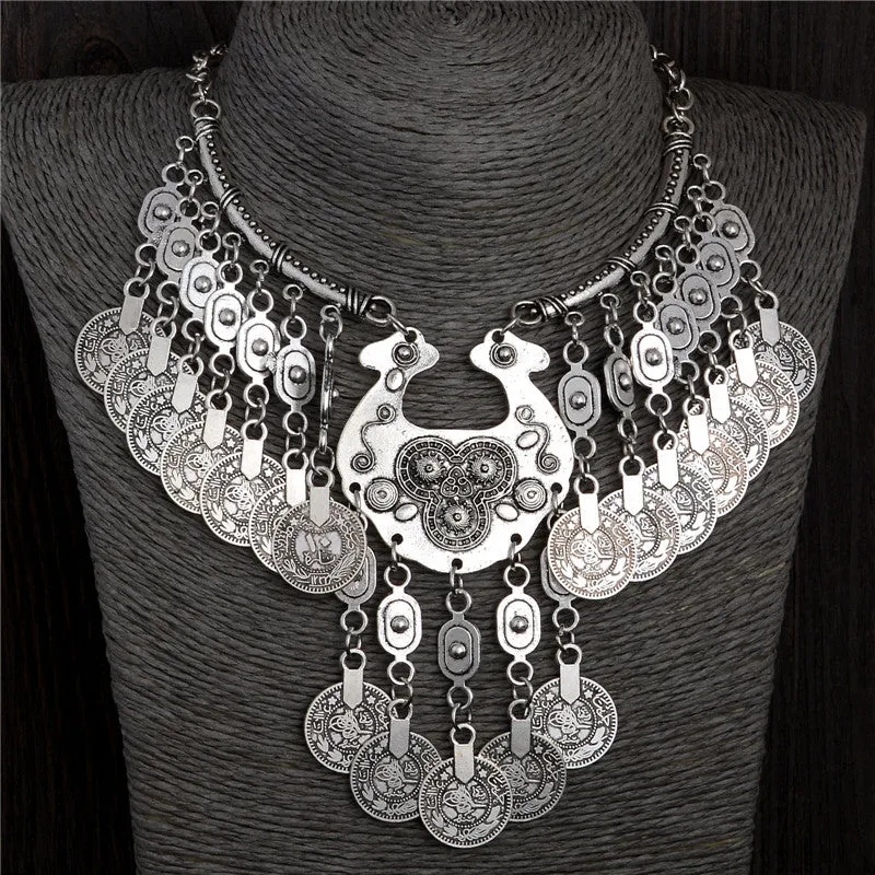 Bohemian Vintage Chunky maxi Statement Necklaces for Women Exaggerated Silver Coin Choker Necklaces & Pendants