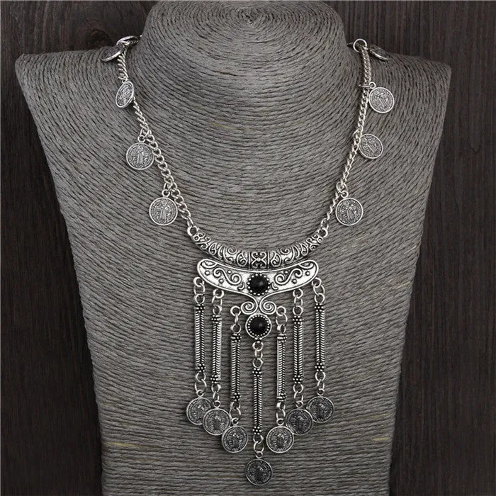 Bohemian Vintage Chunky maxi Statement Necklaces for Women Exaggerated Silver Coin Choker Necklaces & Pendants