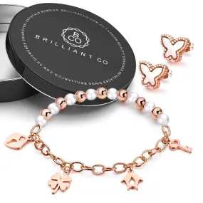 Boxed 18ct Rose Gold Charm Bracelet and Butterfly Earrings Set