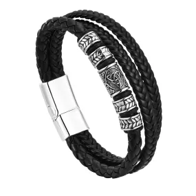 Bracelet pour Homme à 3 rangées en cuir tressé Noir & métal ciselé inoxydable style ethnique Chic ! (1 coloris/Livraison OFFERTE)