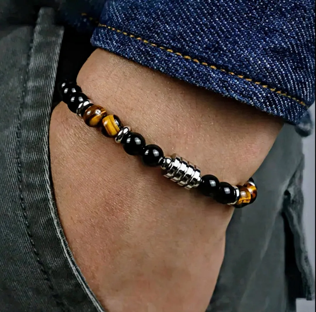 Bracelet pour Homme en perles Oeil de Tigre & acier inoxydable très chic ! (Livraison OFFERTE)