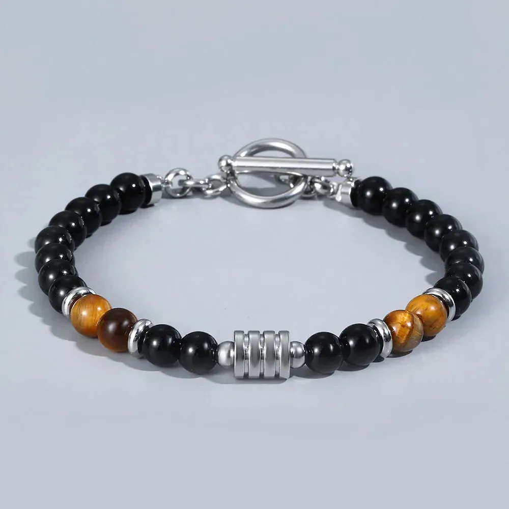 Bracelet pour Homme en perles Oeil de Tigre & acier inoxydable très chic ! (Livraison OFFERTE)