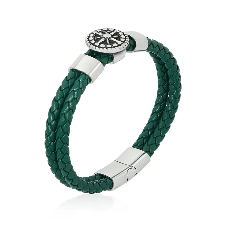 Braided Leather Ship's Wheel Luxury Stainless Steel Bracelet