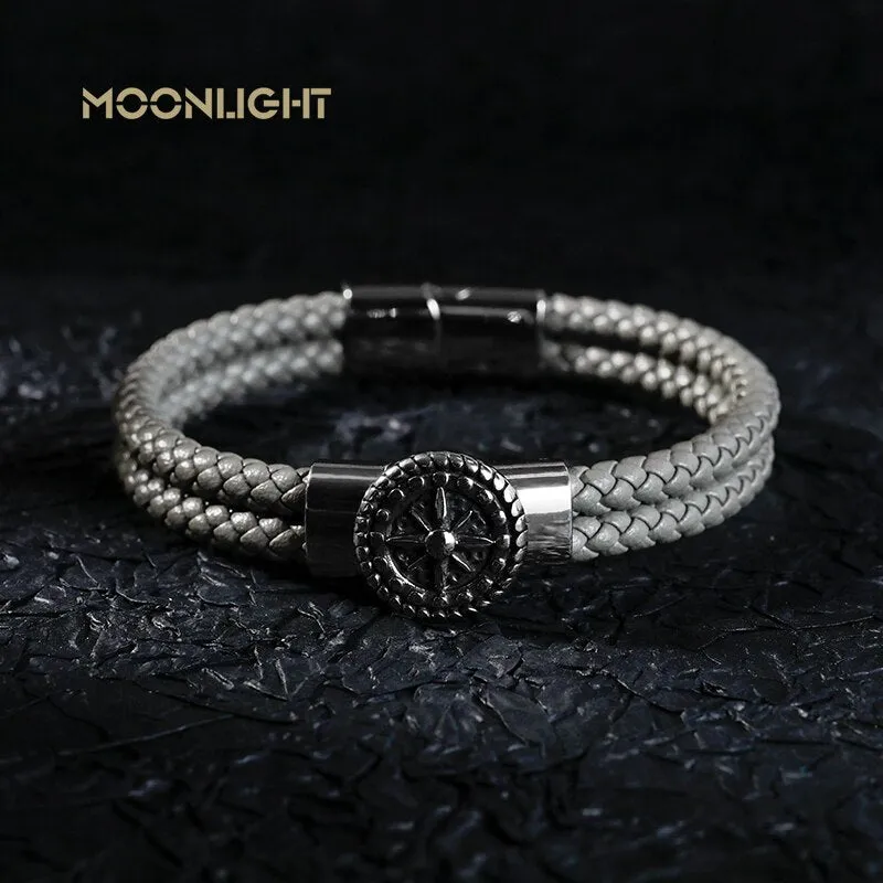 Braided Leather Ship's Wheel Luxury Stainless Steel Bracelet