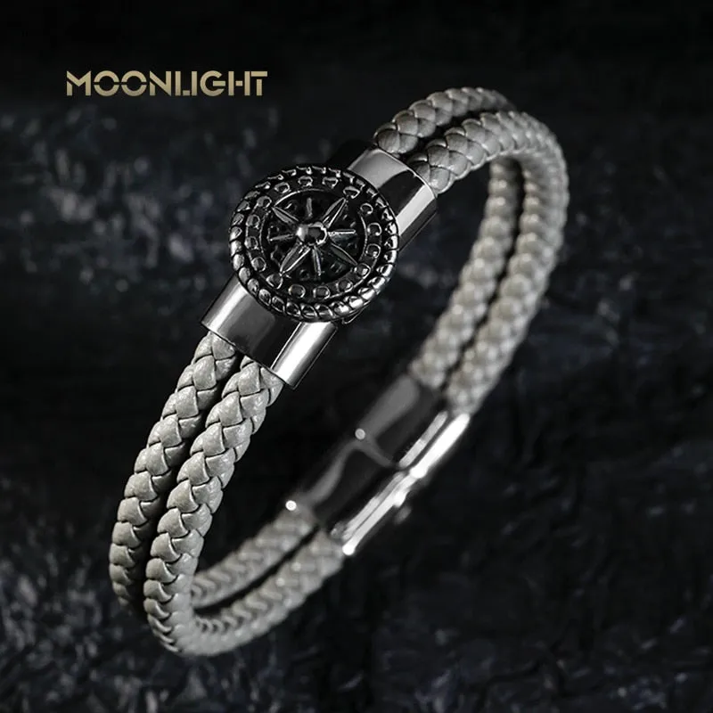 Braided Leather Ship's Wheel Luxury Stainless Steel Bracelet