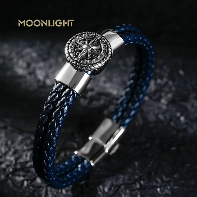 Braided Leather Ship's Wheel Luxury Stainless Steel Bracelet