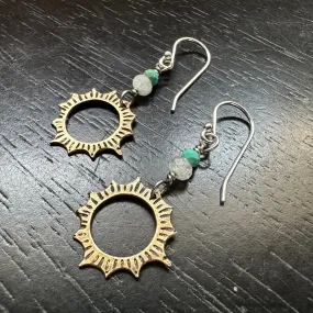 Brass Mini Eclipse Earrings with Turquoise and Moonstone