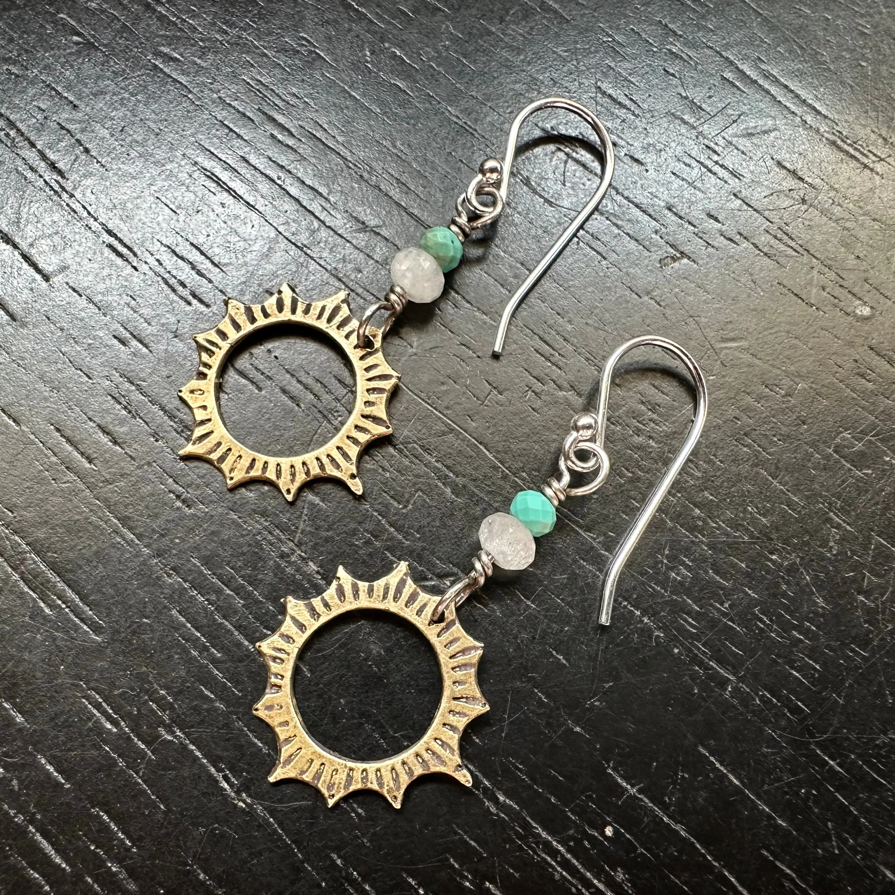 Brass Mini Eclipse Earrings with Turquoise and Moonstone