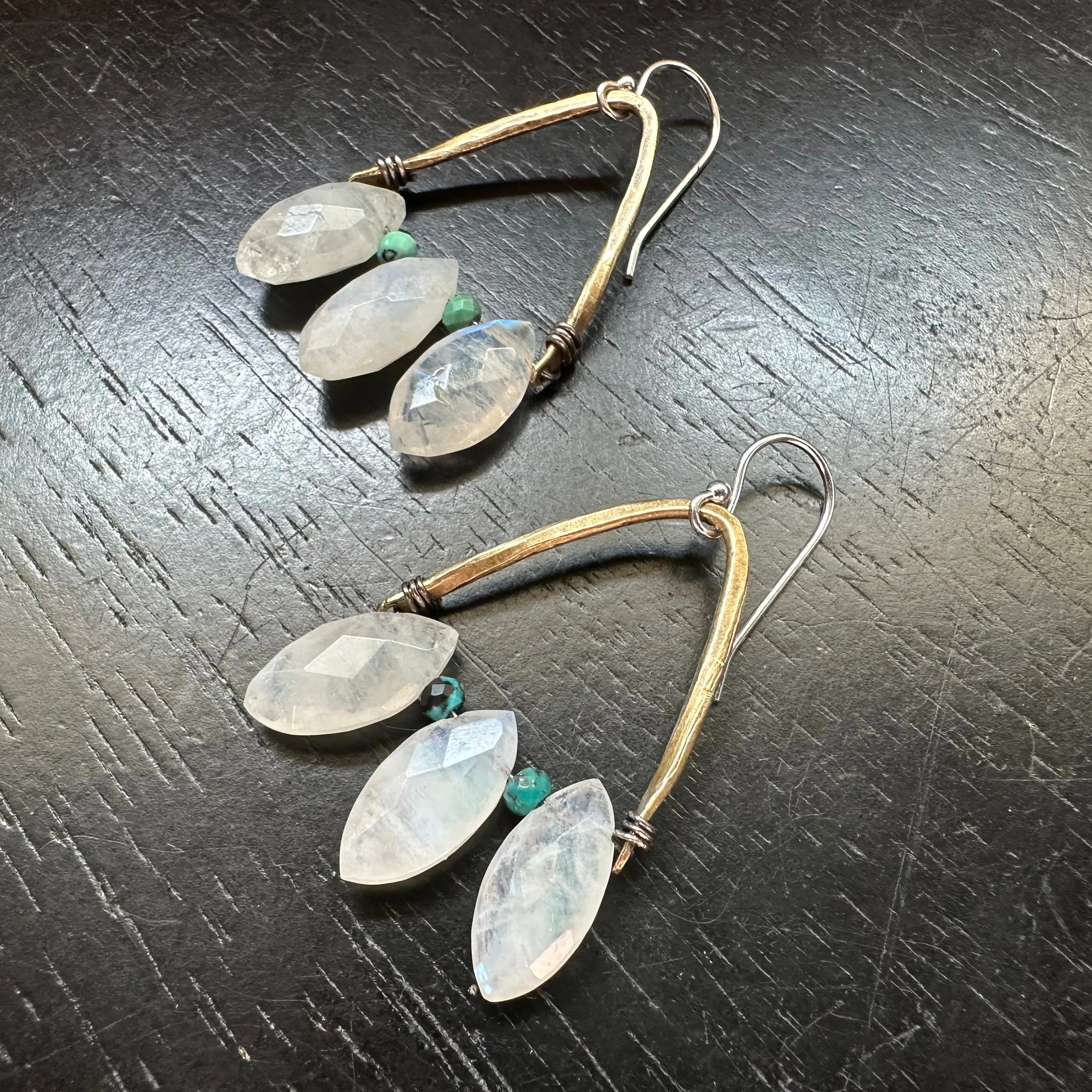 Brass Moonstone and Turquoise Cluster Earrings