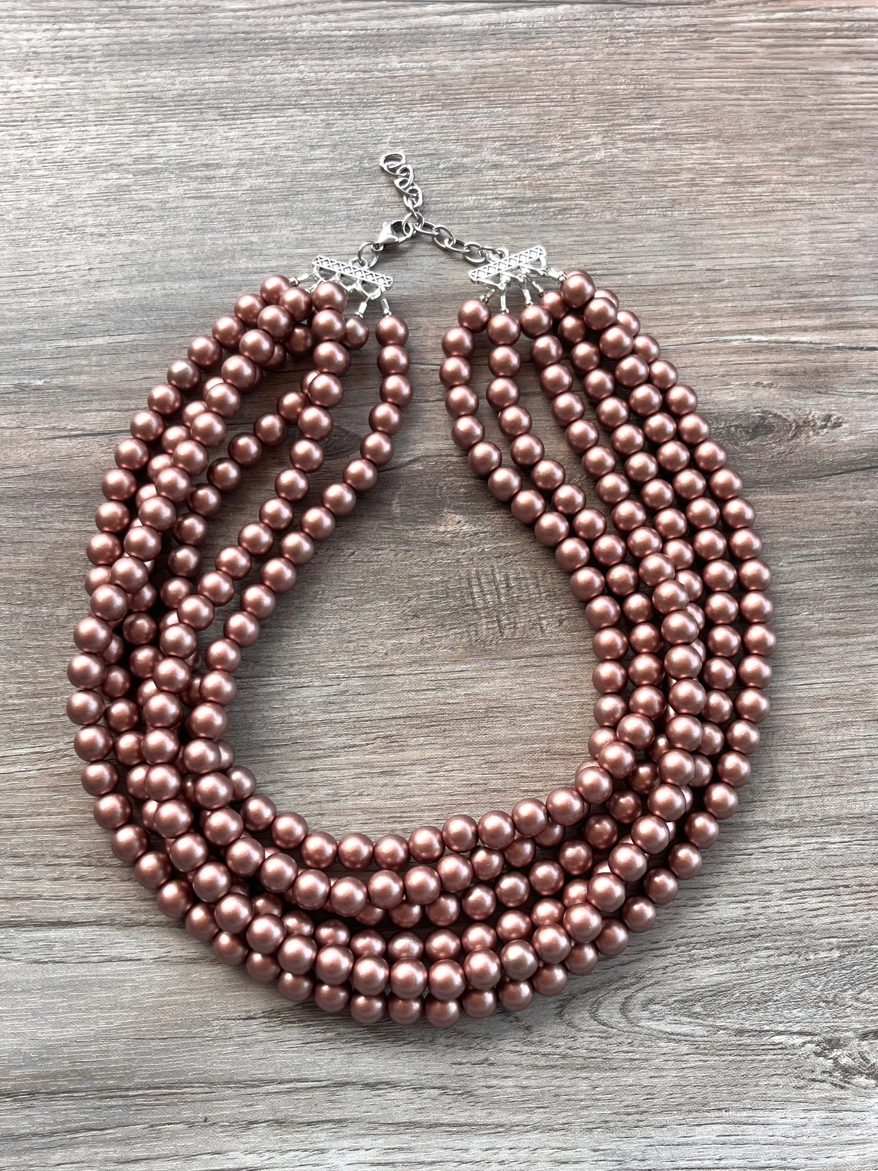 Bronze Rose Gold Matte Small Beaded Acrylic Chunky Multi Strand Statement Necklace - Alana