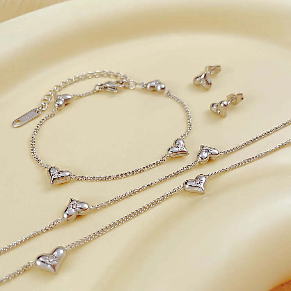 Bubble Heart CZ Stud Earring Bracelet Necklace Set