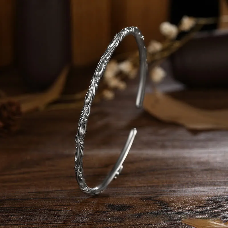 Buddha Stones 925 Sterling Silver Handmade Vines Engraved Protection Bracelet Bangle