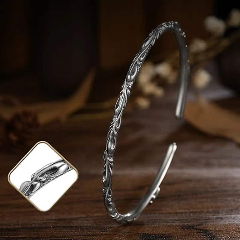 Buddha Stones 925 Sterling Silver Handmade Vines Engraved Protection Bracelet Bangle