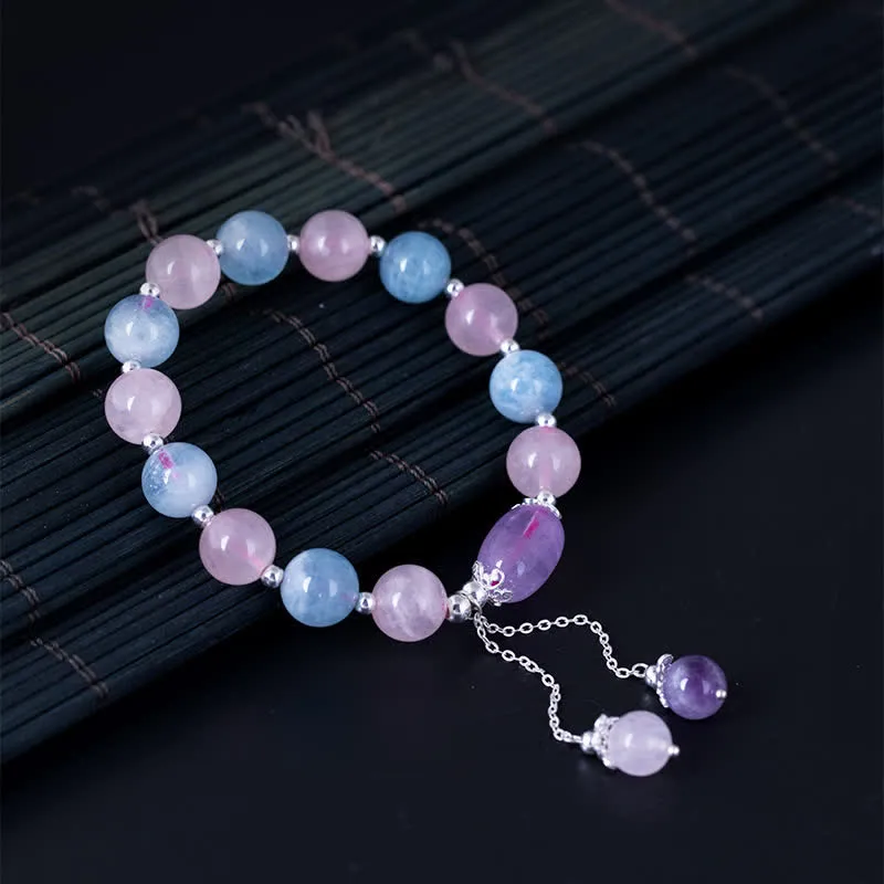 Buddha Stones 925 Sterling Silver Natural Crystal Purple Mica Stone Aquamarine Amethyst Healing Bracelet