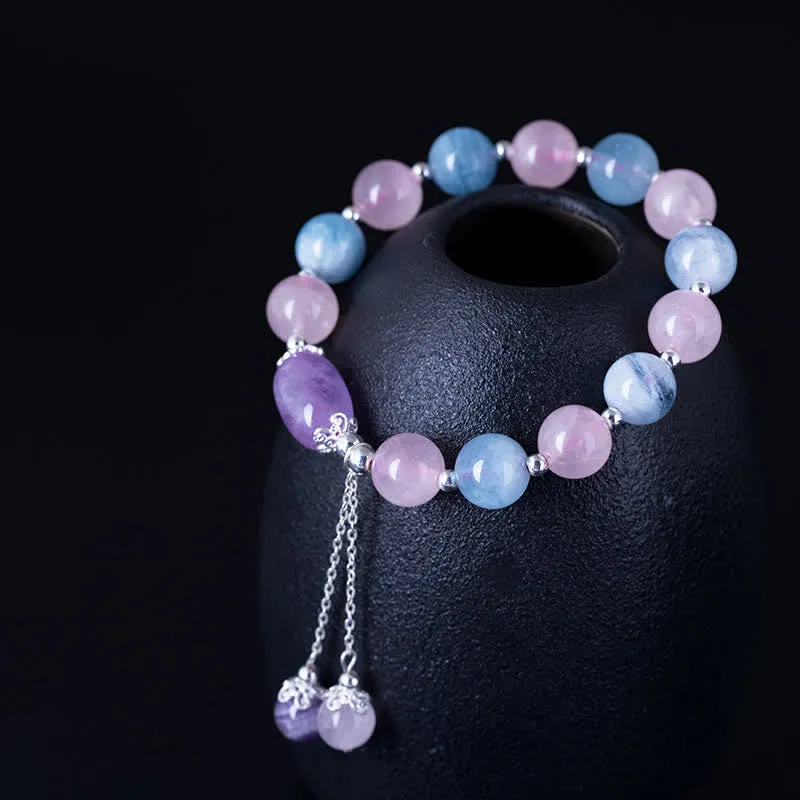 Buddha Stones 925 Sterling Silver Natural Crystal Purple Mica Stone Aquamarine Amethyst Healing Bracelet