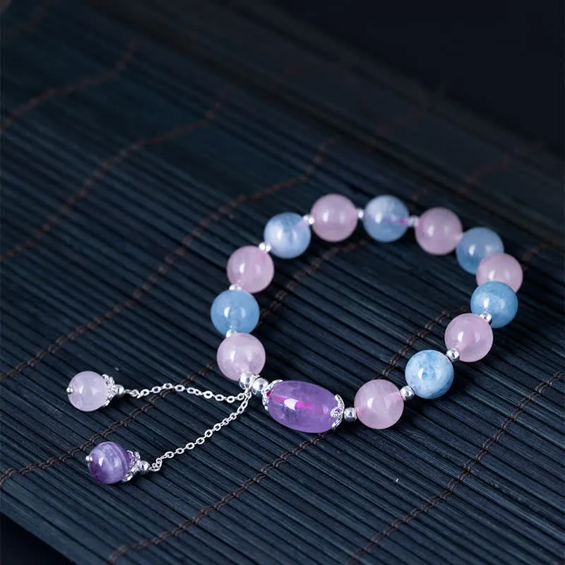 Buddha Stones 925 Sterling Silver Natural Crystal Purple Mica Stone Aquamarine Amethyst Healing Bracelet