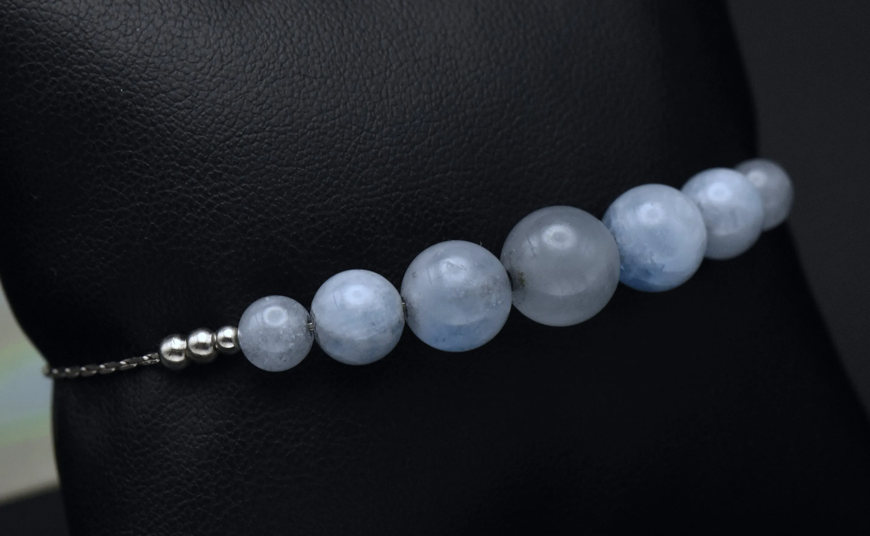 Cat's Eye Aquamarine Beaded Sterling Silver Adjustable Lariat Bracelet