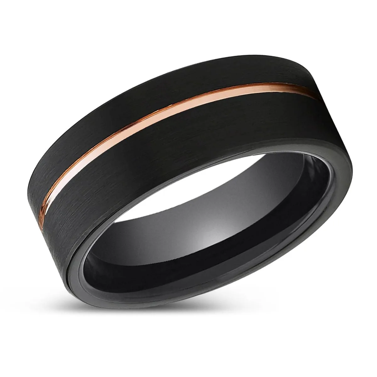 CHARGER | Black Ring, Black Tungsten Ring, Rose Gold Offset Groove, Brushed, Flat