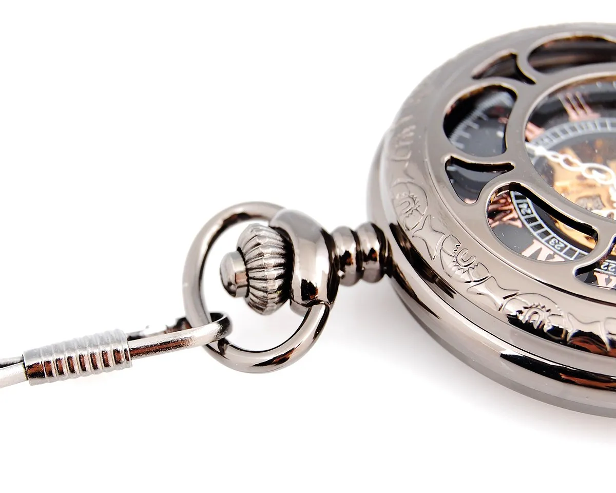 Classic Hand Wind Mechanical Pocket Watch with Chain - Black