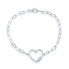 Classic Women's Bracelet - Sterling Silver Heart with CZ Rod Paperclip Link | T-7965