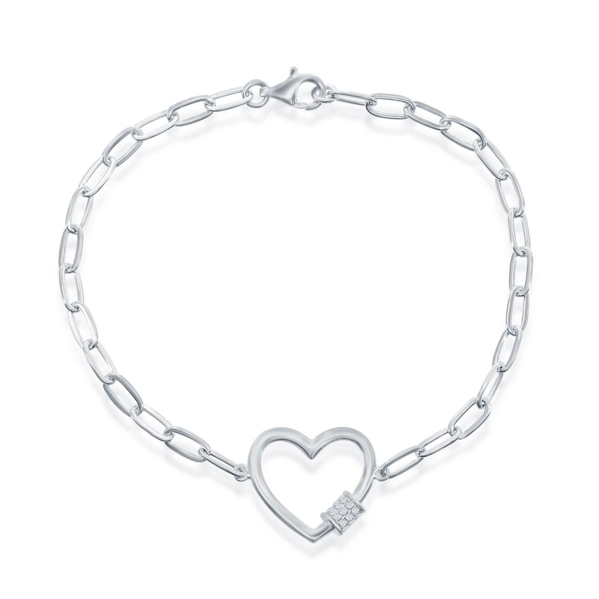 Classic Women's Bracelet - Sterling Silver Heart with CZ Rod Paperclip Link | T-7965