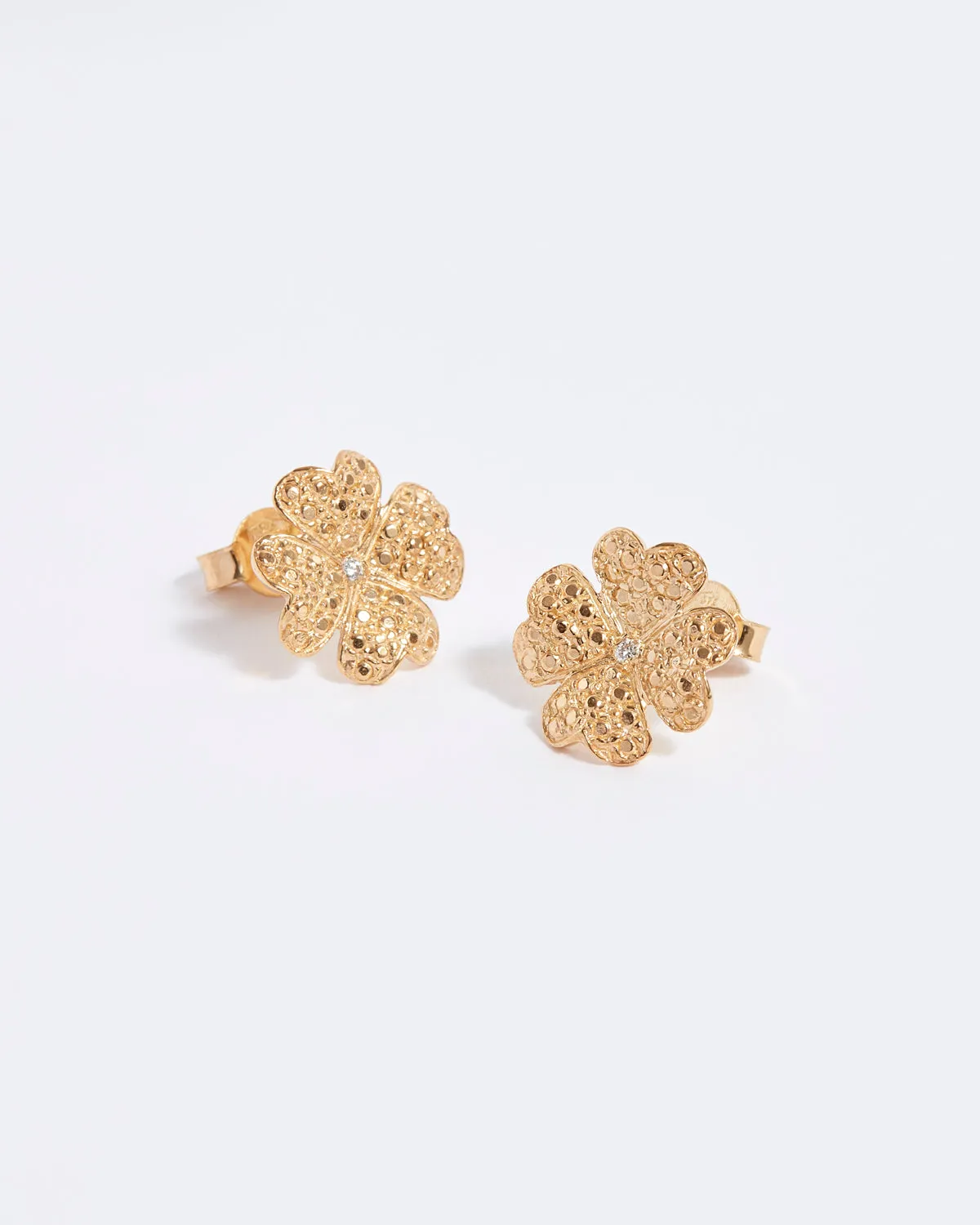 Clover Solid Gold & Diamond Stud Earrings, 9k Gold