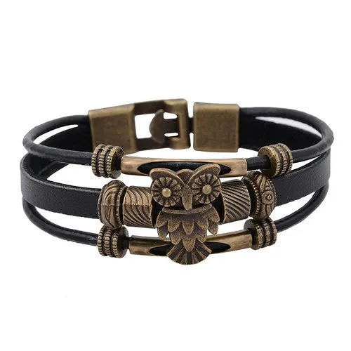 Cool Punk Hologram Men's Owl Bracelet with Charms Vintage Bronze Genuine Leather Male Bracelet for Women Men Wristband Jewelry