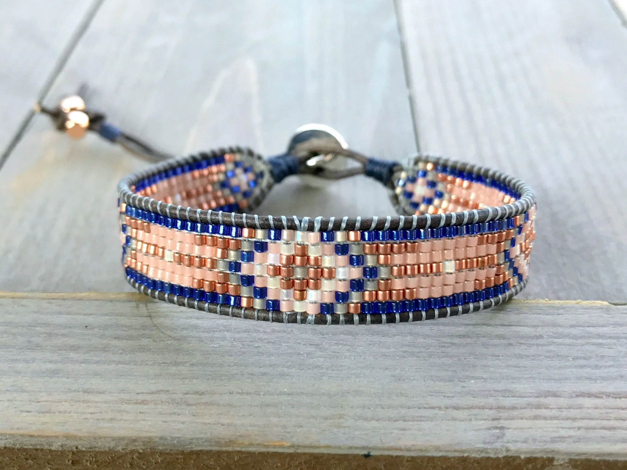 Copper Navy Blush Loom Woven Ikat Diamond Beaded Bracelet