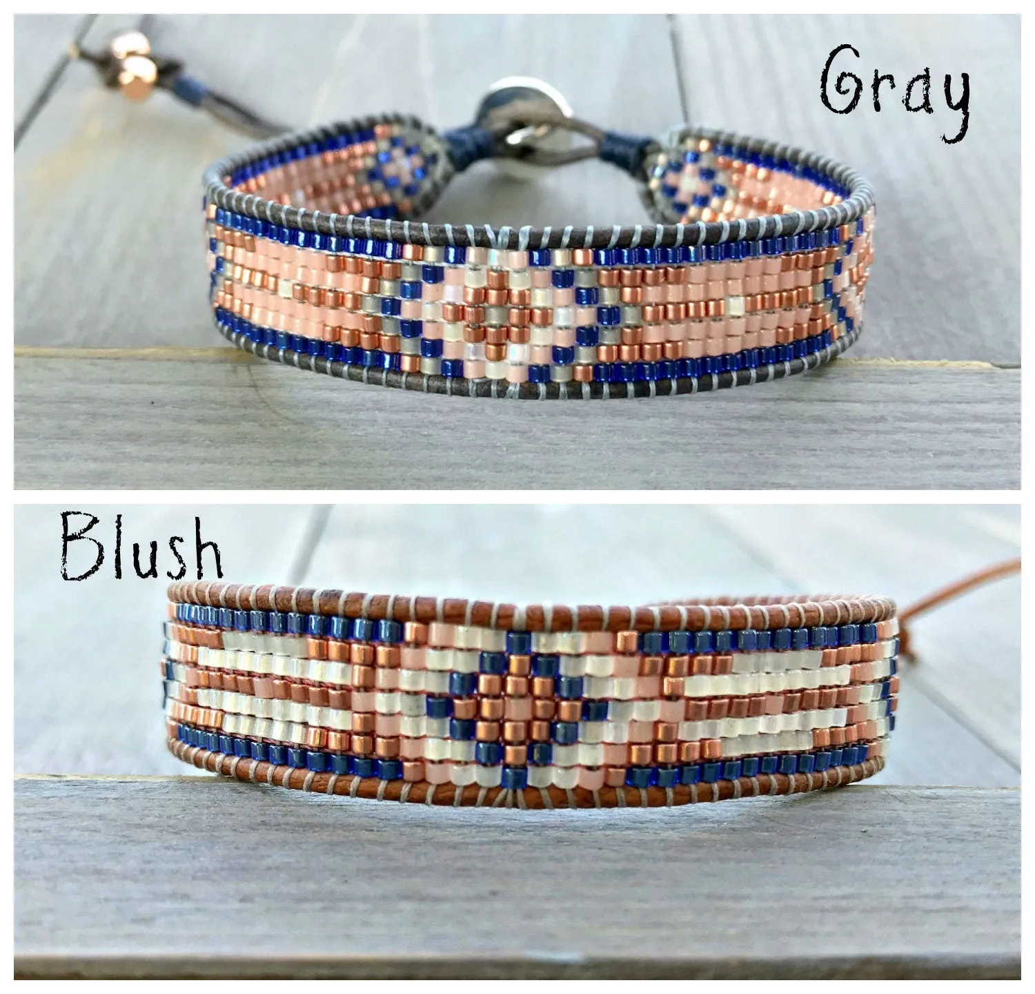 Copper Navy Blush Loom Woven Ikat Diamond Beaded Bracelet