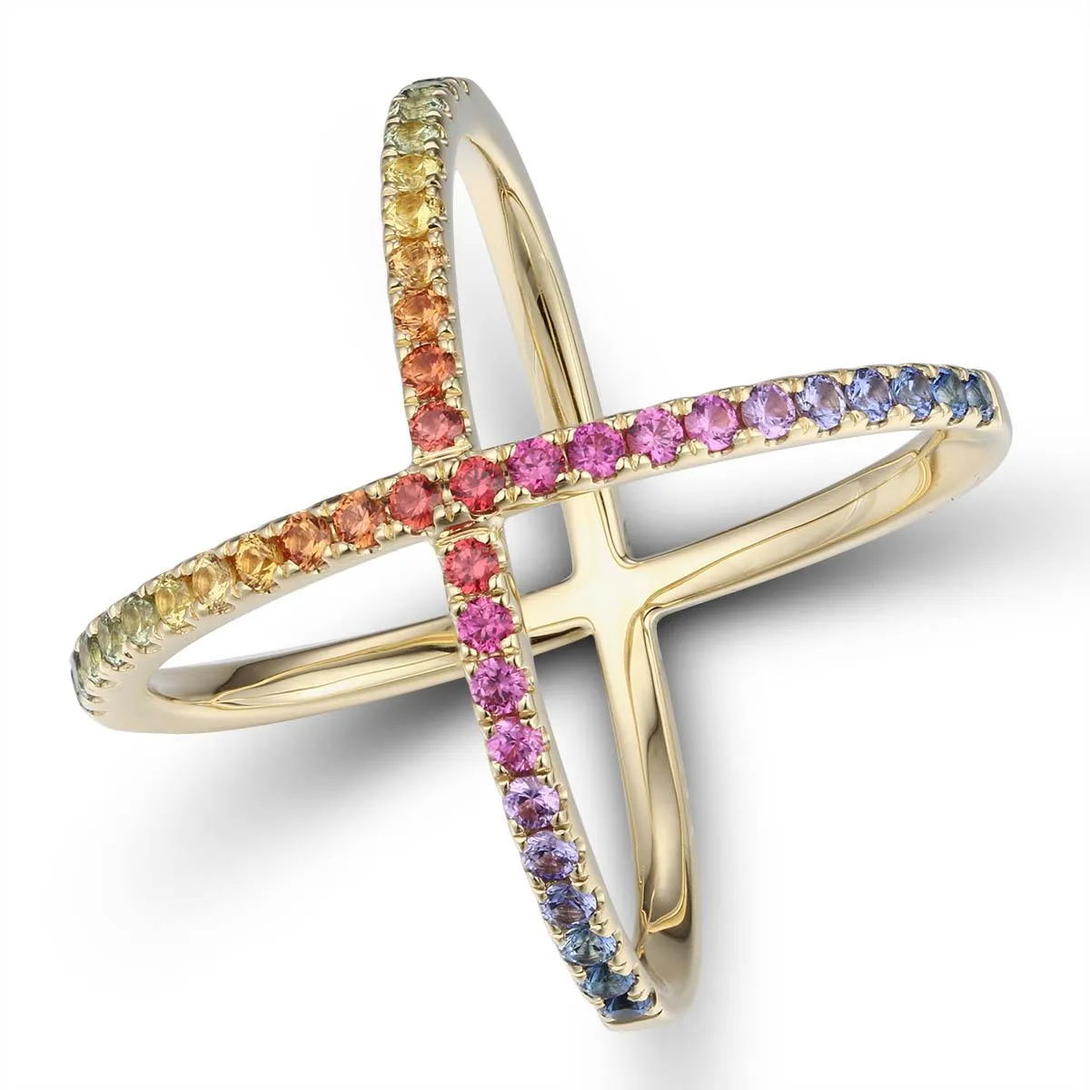 Criss-Cross Rainbow Sapphire Yellow Gold Ring