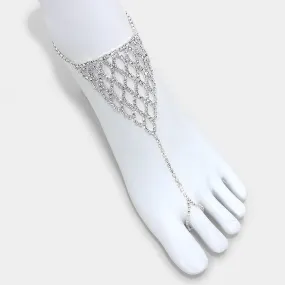 Crystal rhinestone net anklet with toe ring - Clear / Silver