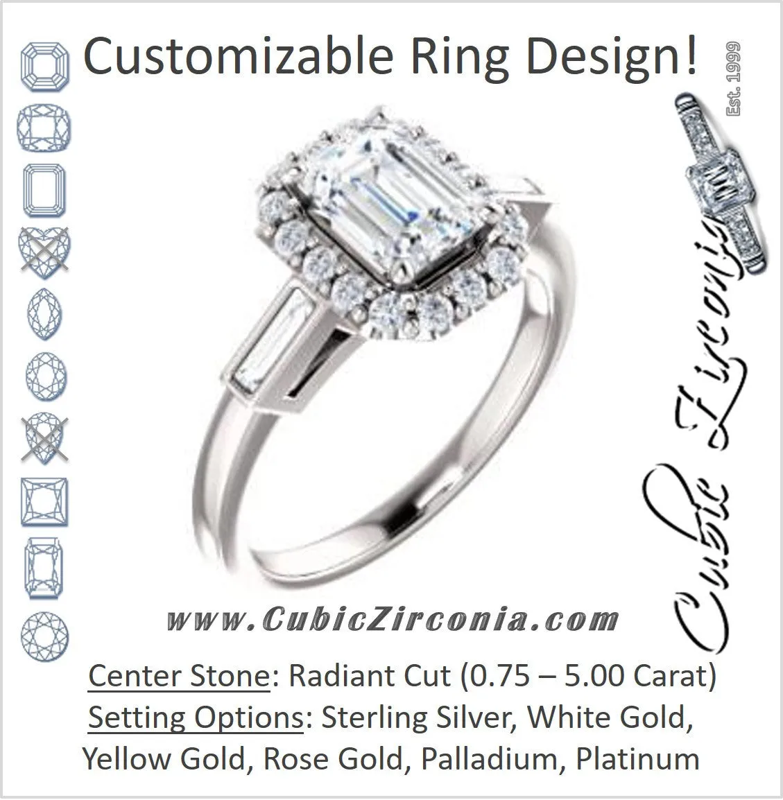 Cubic Zirconia Engagement Ring- The Azariah (Customizable Cathedral Radiant Cut Design with Halo and Straight Baguettes)