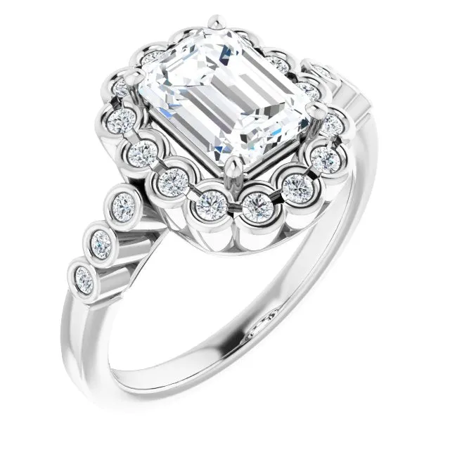 Cubic Zirconia Engagement Ring- The Berkley (Customizable Emerald Cut Design with Round-bezel Halo and Band Accents)