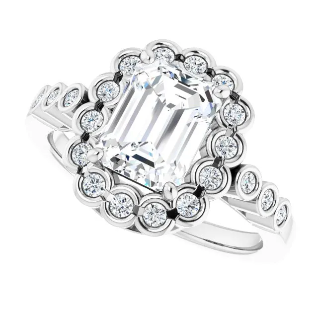 Cubic Zirconia Engagement Ring- The Berkley (Customizable Emerald Cut Design with Round-bezel Halo and Band Accents)