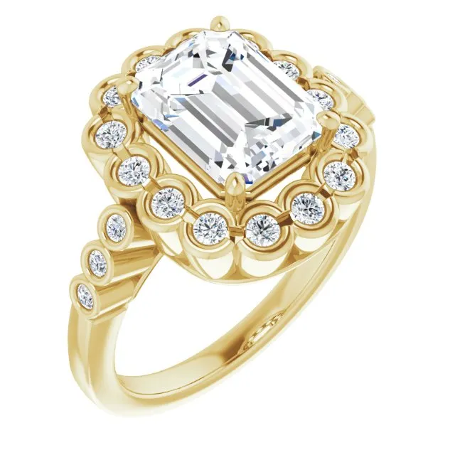 Cubic Zirconia Engagement Ring- The Berkley (Customizable Emerald Cut Design with Round-bezel Halo and Band Accents)