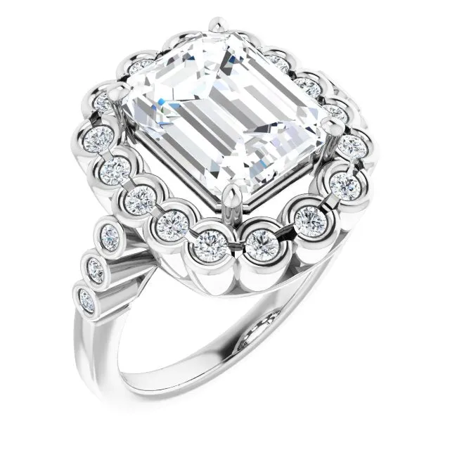 Cubic Zirconia Engagement Ring- The Berkley (Customizable Emerald Cut Design with Round-bezel Halo and Band Accents)