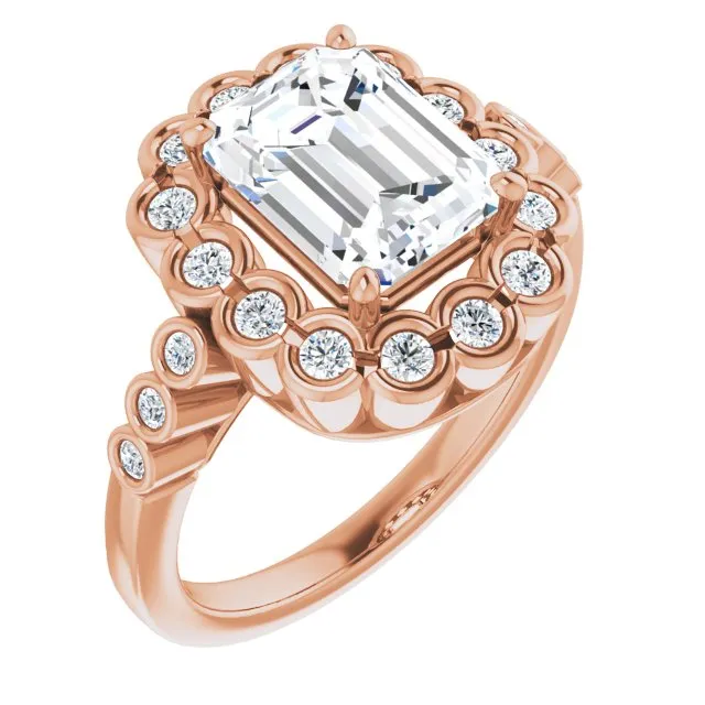 Cubic Zirconia Engagement Ring- The Berkley (Customizable Emerald Cut Design with Round-bezel Halo and Band Accents)