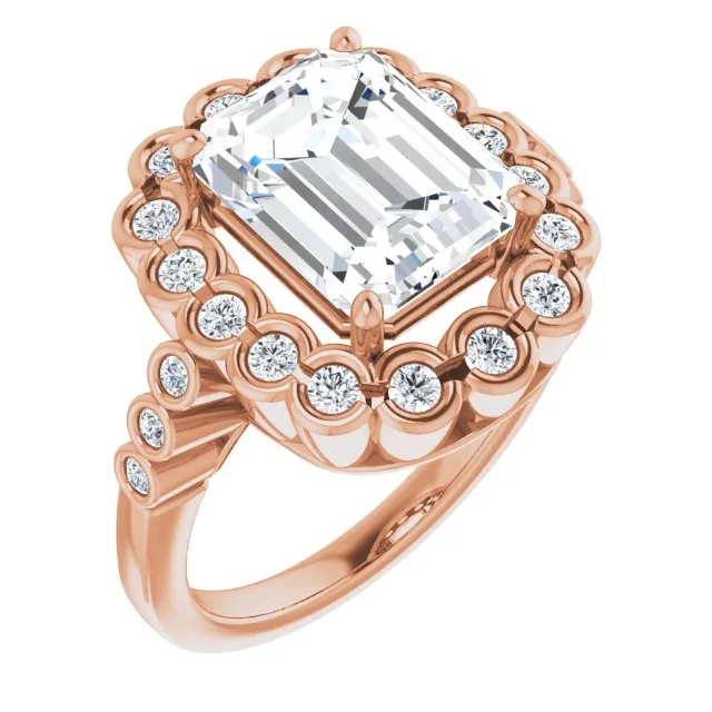 Cubic Zirconia Engagement Ring- The Berkley (Customizable Emerald Cut Design with Round-bezel Halo and Band Accents)