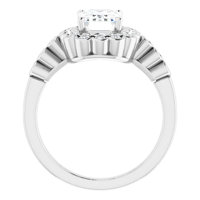 Cubic Zirconia Engagement Ring- The Berkley (Customizable Emerald Cut Design with Round-bezel Halo and Band Accents)