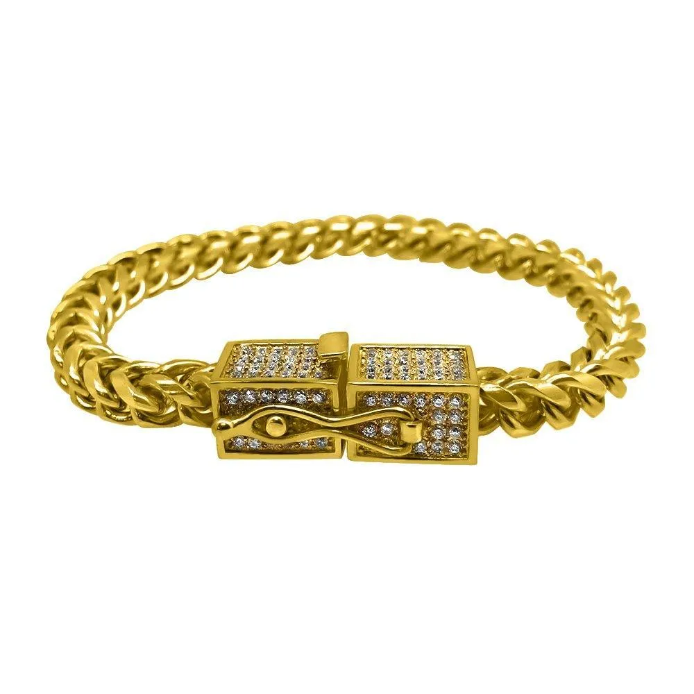 CZ Box Clasp Triple Lock Gold Steel Franco Bracelet