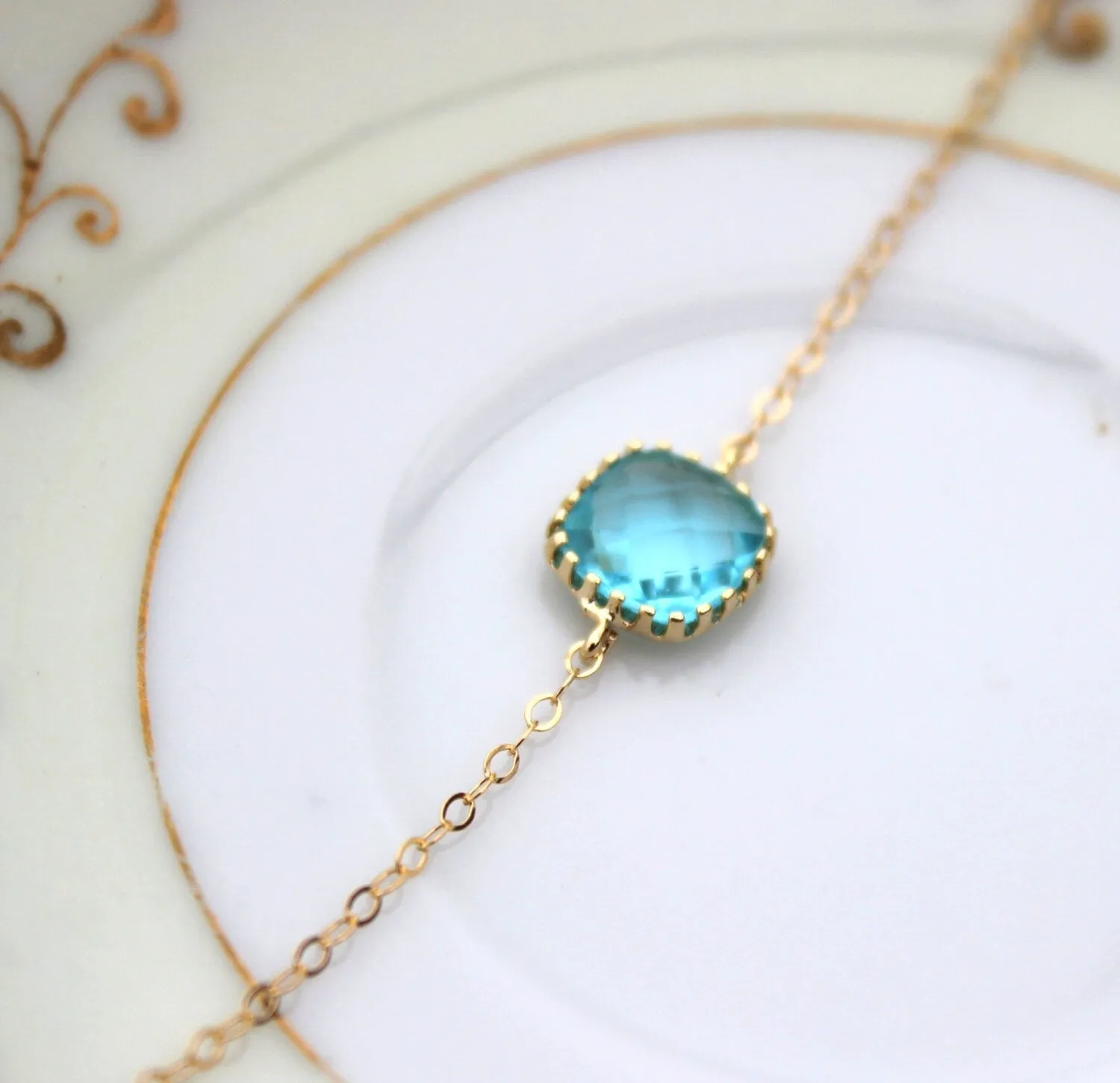 Dainty Blue Aquamarine Bracelet Square Gold Plated Aqua Topaz Bracelet Bridesmaid Bracelet - Bridal Bracelet Something Blue Wedding Jewelry