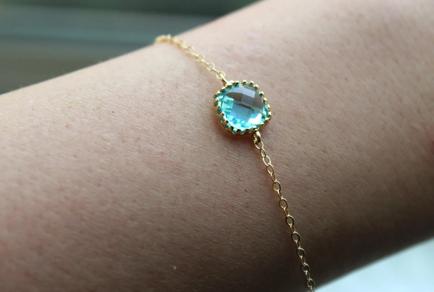 Dainty Gold Aquamarine Bracelet Bridesmaid Gift Aqua Blue Wedding Jewelry Blue Bridesmaid Bracelet Something Blue Accessories Gift under 20